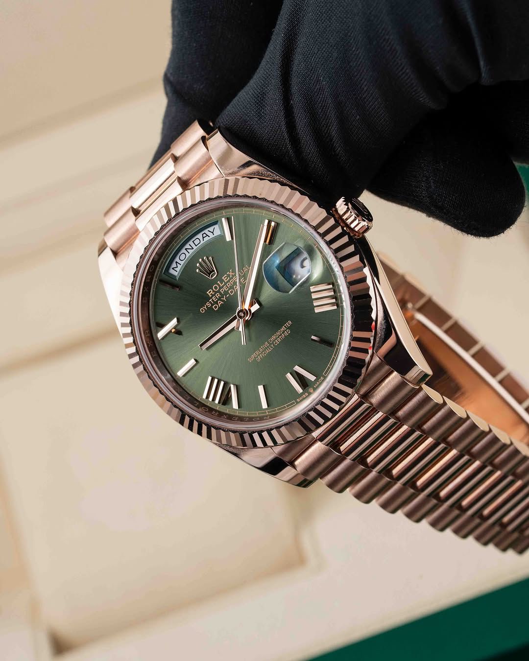 Rolx Day Date Just Roman Rose Gold Green Dial