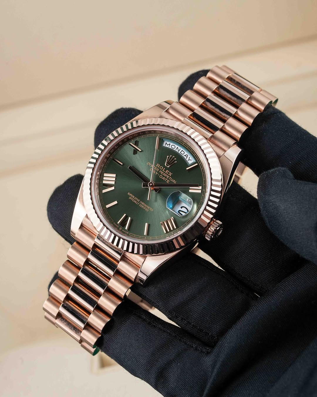 Rolx Day Date Just Roman Rose Gold Green Dial